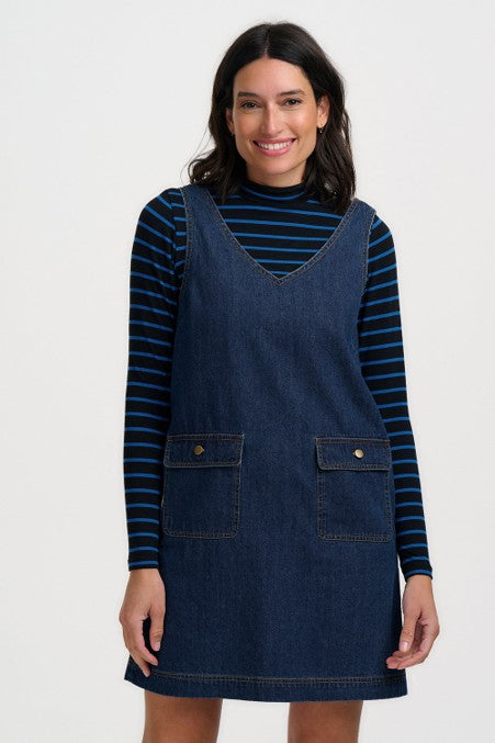 Sugarhill Brighton Annika Turtleneck Jersey Top Black/Blue Striped. Womens Fitted High turtleneck top with Long sleeves that's Machine washable (delicate). Material: 95% Organic Cotton & 5% Elastane