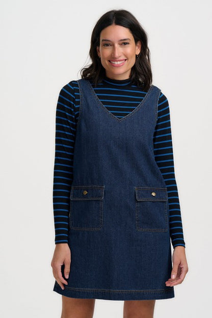 Sugarhill Brighton Annika Turtleneck Jersey Top Black/Blue Striped. Womens Fitted High turtleneck top with Long sleeves that's Machine washable (delicate). Material: 95% Organic Cotton & 5% Elastane