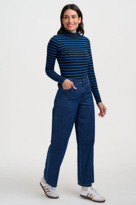 Sugarhill Brighton Annika Turtleneck Jersey Top Black/Blue Striped