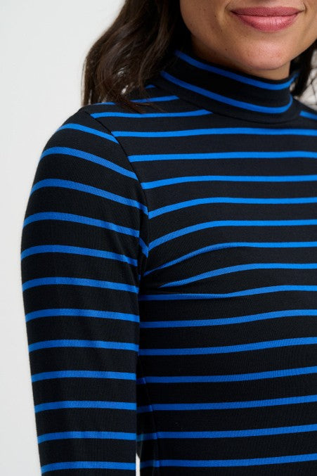 Sugarhill Brighton Annika Turtleneck Jersey Top Black/Blue Striped. Womens Fitted High turtleneck top with Long sleeves that's Machine washable (delicate). Material: 95% Organic Cotton & 5% Elastane
