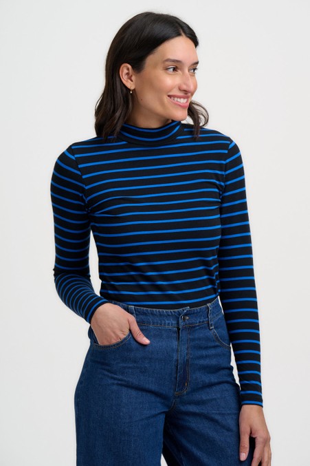 Sugarhill Brighton Annika Turtleneck Jersey Top Black/Blue Striped. Womens Fitted High turtleneck top with Long sleeves that's Machine washable (delicate). Material: 95% Organic Cotton & 5% Elastane