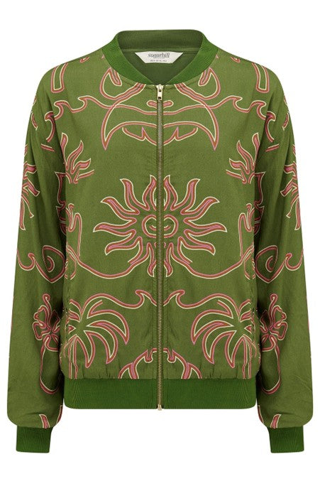 Sugarhill Brighton Bobbi Bomber Jacket Khaki Tropical Line Drawing