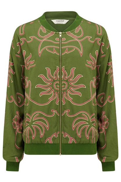 Sugarhill Brighton Bobbi Bomber Jacket Khaki Tropical Line Drawing