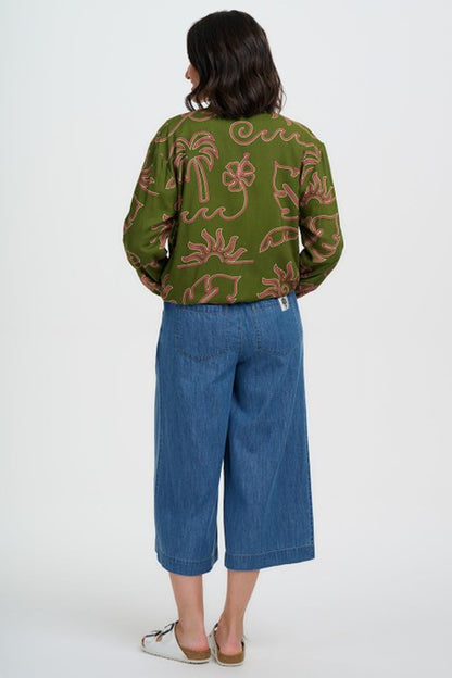Sugarhill Brighton Bobbi Bomber Jacket Khaki Tropical Line Drawing