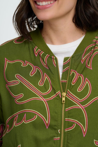 Sugarhill Brighton Bobbi Bomber Jacket Khaki Tropical Line Drawing