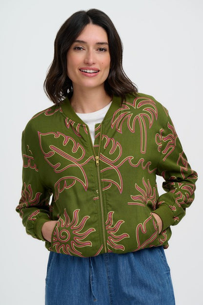 Sugarhill Brighton Bobbi Bomber Jacket Khaki Tropical Line Drawing
