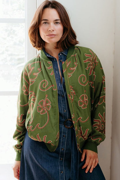 Sugarhill Brighton Bobbi Bomber Jacket Khaki Tropical Line Drawing