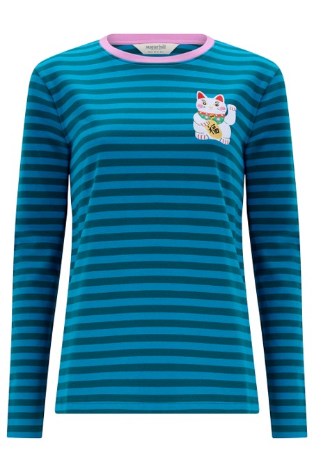 Sugarhill Brighton Brunswick Jersey Top Blue/Green Lucky Cat. Womens weight T-Shirt with Long sleeves and Embroidered detail that's Machine washable (delicate). Material: 100% Organic Cotton 