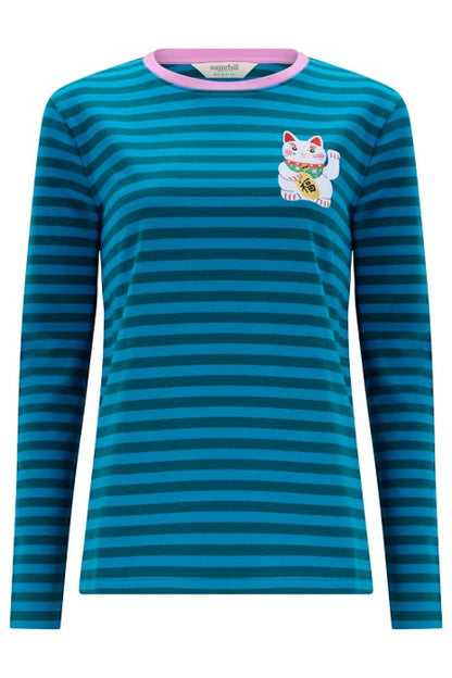 Sugarhill Brighton Brunswick Jersey Top Blue/Green Lucky Cat. Womens weight T-Shirt with Long sleeves and Embroidered detail that's Machine washable (delicate). Material: 100% Organic Cotton 
