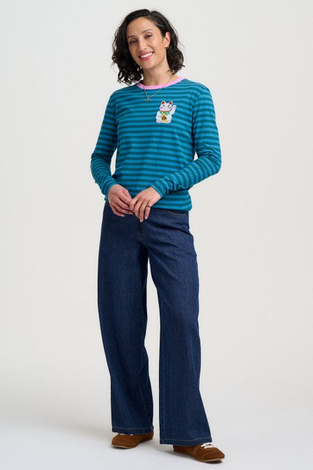 Sugarhill Brighton Brunswick Jersey Top Blue/Green Lucky Cat