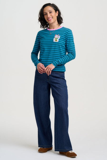 Sugarhill Brighton Brunswick Jersey Top Blue/Green Lucky Cat
