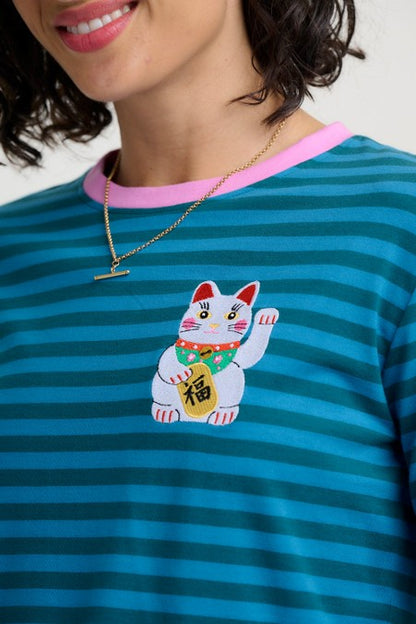 Sugarhill Brighton Brunswick Jersey Top Blue/Green Lucky Cat. Womens weight T-Shirt with Long sleeves and Embroidered detail that's Machine washable (delicate). Material: 100% Organic Cotton 