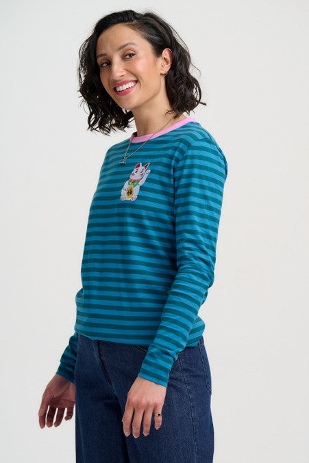 Sugarhill Brighton Brunswick Jersey Top Blue/Green Lucky Cat. Womens weight T-Shirt with Long sleeves and Embroidered detail that's Machine washable (delicate). Material: 100% Organic Cotton 