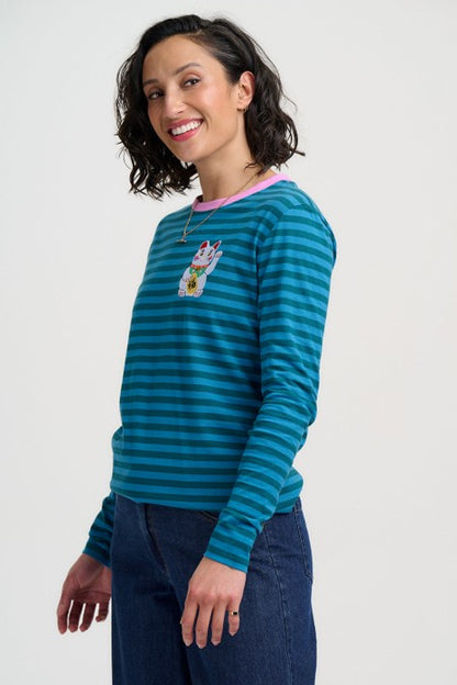 Sugarhill Brighton Brunswick Jersey Top Blue/Green Lucky Cat. Womens weight T-Shirt with Long sleeves and Embroidered detail that's Machine washable (delicate). Material: 100% Organic Cotton 