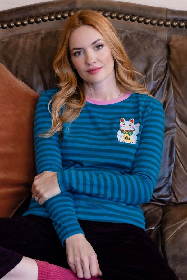 Sugarhill Brighton Brunswick Jersey Top Blue/Green Lucky Cat. Womens weight T-Shirt with Long sleeves and Embroidered detail that's Machine washable (delicate). Material: 100% Organic Cotton 