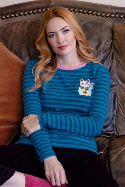 Sugarhill Brighton Brunswick Jersey Top Blue/Green Lucky Cat. Womens weight T-Shirt with Long sleeves and Embroidered detail that's Machine washable (delicate). Material: 100% Organic Cotton 