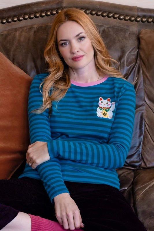 Sugarhill Brighton Brunswick Jersey Top Blue/Green Lucky Cat. Womens weight T-Shirt with Long sleeves and Embroidered detail that's Machine washable (delicate). Material: 100% Organic Cotton 