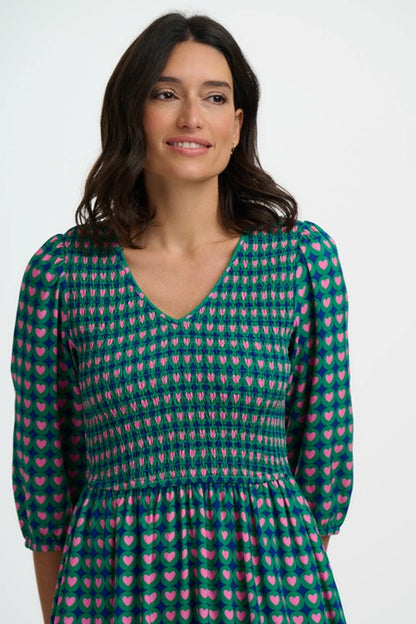 Sugarhill Brighton Della Shirred Midi Dress Navy Heart Tile