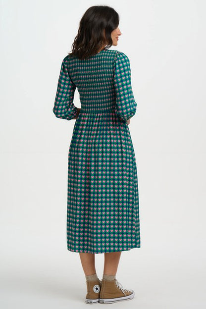 Sugarhill Brighton Della Shirred Midi Dress Navy Heart Tile