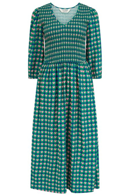 Sugarhill Brighton Della Shirred Midi Dress Navy Heart Tile