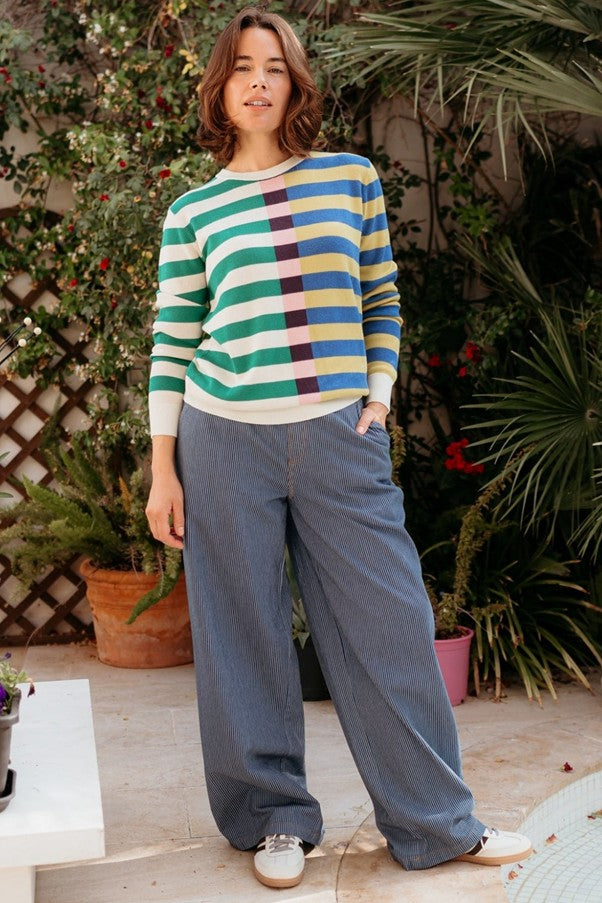 Sugarhill Brighton Fifi Wide Leg Trousers Blue Stripe Denim