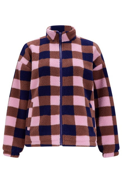 Sugarhill Brighton Hartley Zip Up Fleece Navy/Pink Check. Womens checked fleece with Longer sleeves and Stretch cuffs and Drawstring hem to adjust the fit. Including Pockets with Funnel neck and Zip front that's Machine washable (delicate). Material: 100% Recycled Polyester
