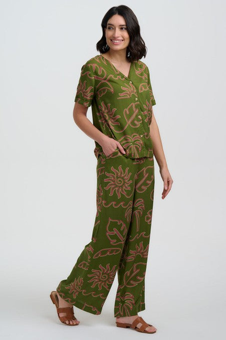Sugarhill Brighton Hatty V-Neck Shirt Khaki Tropical Line Drawing