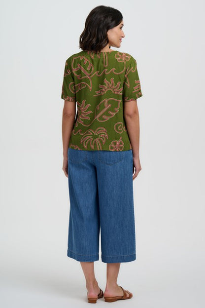 Sugarhill Brighton Hatty V-Neck Shirt Khaki Tropical Line Drawing
