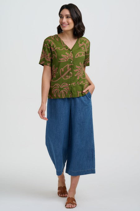 Sugarhill Brighton Hatty V-Neck Shirt Khaki Tropical Line Drawing