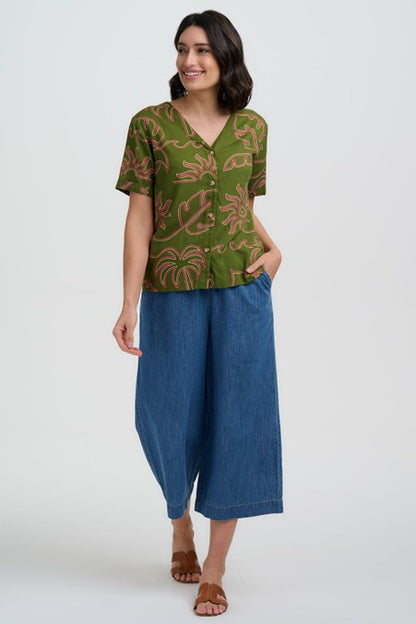 Sugarhill Brighton Hatty V-Neck Shirt Khaki Tropical Line Drawing