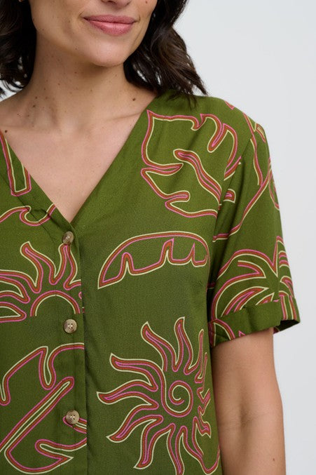 Sugarhill Brighton Hatty V-Neck Shirt Khaki Tropical Line Drawing