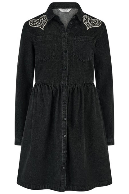 Sugarhill Brighton Jamelia Mini Smock Dress Washed Black Heart Paisley. Womens Embroidered heart detail at the shoulders with Button-down front and Twin chest pockets including Long sleeves including Side pockets. Machine Washable (Delicate) Material: 100% Cotton