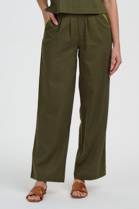 Sugarhill Brighton Lois Wide Leg Trousers Olive Decorative Stitch