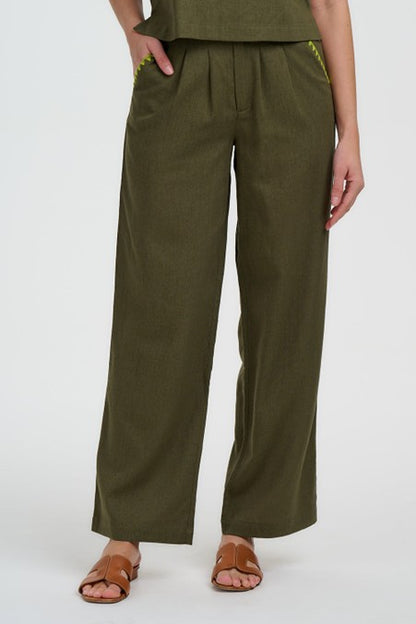 Sugarhill Brighton Lois Wide Leg Trousers Olive Decorative Stitch