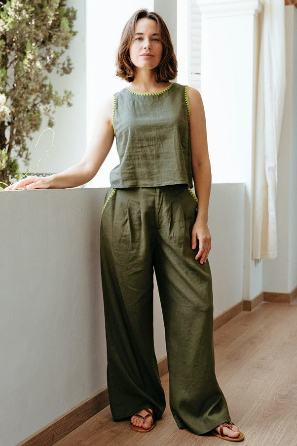 Sugarhill Brighton Lois Wide Leg Trousers Olive Decorative Stitch