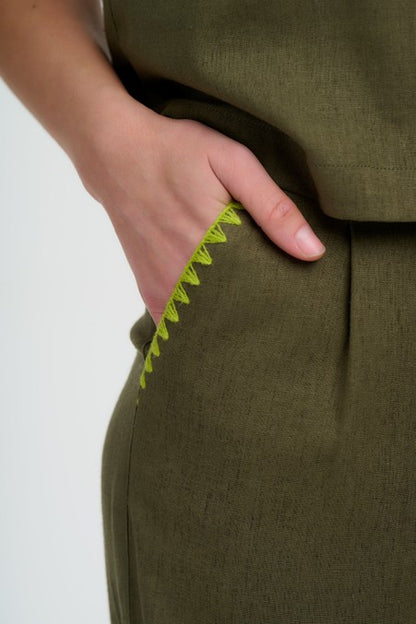 Sugarhill Brighton Lois Wide Leg Trousers Olive Decorative Stitch