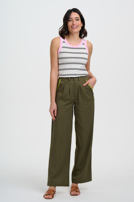 Sugarhill Brighton Lois Wide Leg Trousers Olive Decorative Stitch