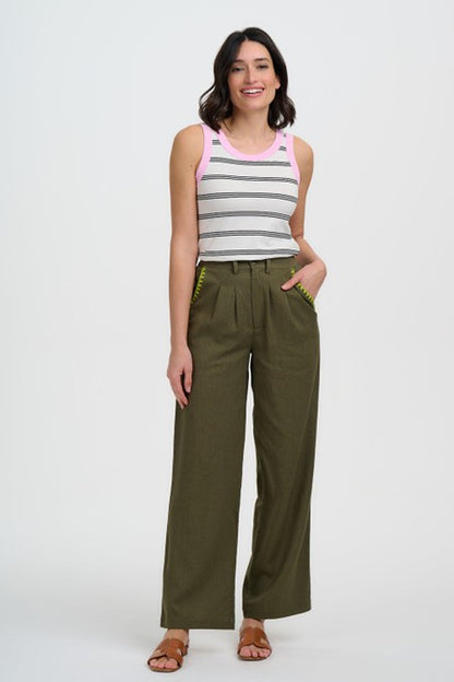 Sugarhill Brighton Lois Wide Leg Trousers Olive Decorative Stitch