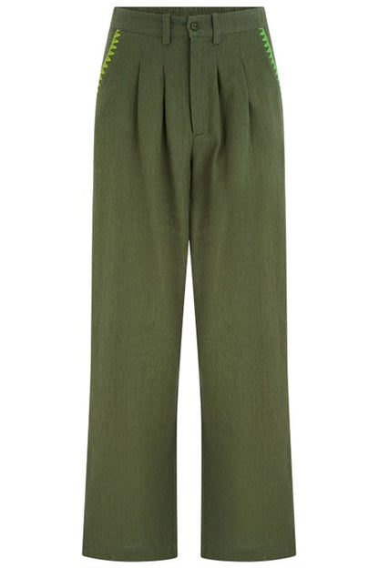 Sugarhill Brighton Lois Wide Leg Trousers Olive Decorative Stitch