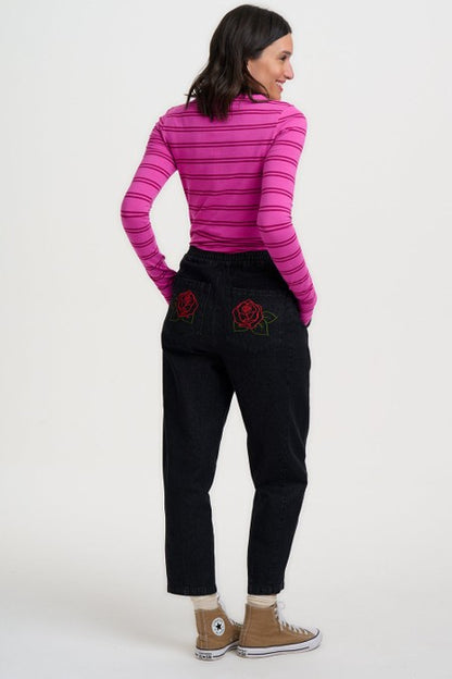 Sugarhill Brighton Mila Denim Barrel Leg Trousers Washed Black Rose Embroidery
 Womens trouser with Elasticated waist with button and zip detail a Barrel leg silhouette with Embroidered and Cropped ankle length that's Machine washable (delicate) Material: 100% Cotton