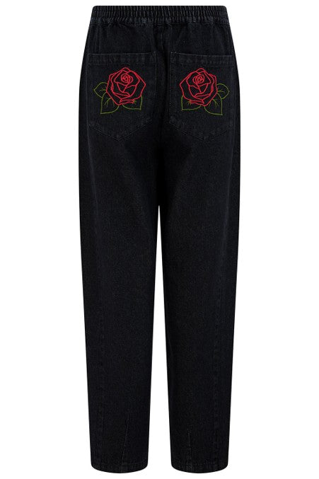 Sugarhill Brighton Mila Denim Barrel Leg Trousers Washed Black Rose Embroidery
 Womens trouser with Elasticated waist with button and zip detail a Barrel leg silhouette with Embroidered and Cropped ankle length that's Machine washable (delicate) Material: 100% Cotton