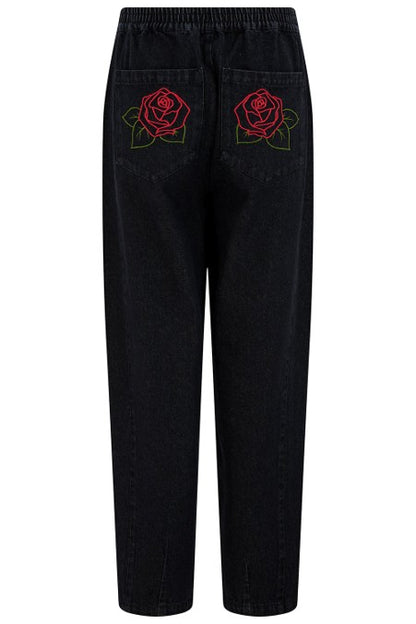 Sugarhill Brighton Mila Denim Barrel Leg Trousers Washed Black Rose Embroidery
 Womens trouser with Elasticated waist with button and zip detail a Barrel leg silhouette with Embroidered and Cropped ankle length that's Machine washable (delicate) Material: 100% Cotton