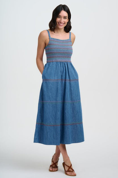 Sugarhill Brighton Murren Shirred Midi Dress Washed Blue Denim