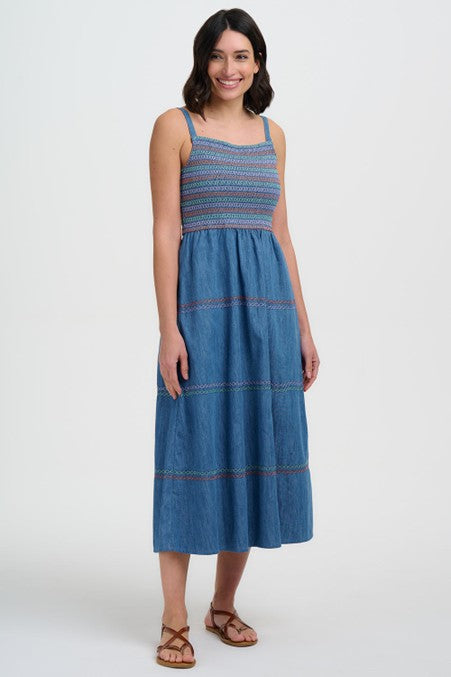 Sugarhill Brighton Murren Shirred Midi Dress Washed Blue Denim