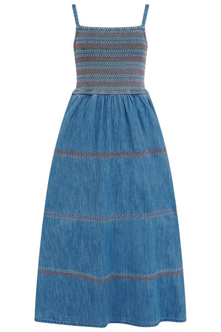 Sugarhill Brighton Murren Shirred Midi Dress Washed Blue Denim