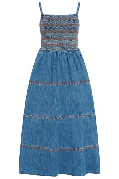 Sugarhill Brighton Murren Shirred Midi Dress Washed Blue Denim