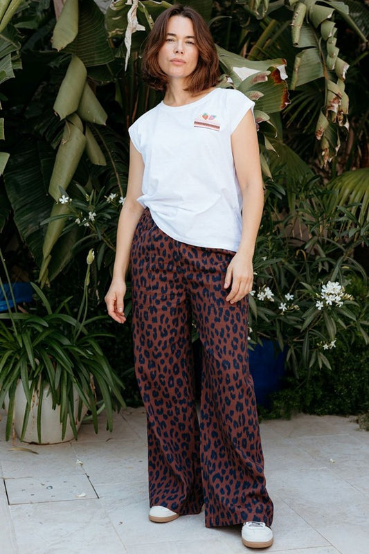 Sugarhill Brighton Nica Wide Leg Trousers Rust/Navy Ikat Leopard Wide leg with Elasticated waistband with button fastening and Pockets with a Back patch pocket that is Machine washable (delicate) Colour: Rust/Navy Ikat Leopard Material: 100% Organic Cotton