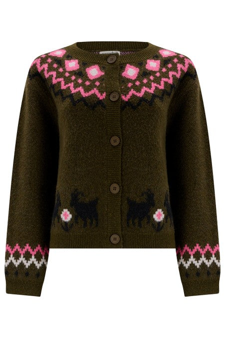 Sugarhill Brighton Olana Cardigan Olive Goat Meadow Fairisle. Womens Soft knitted fabric cardigan with Round neckline, button down front and Fairisle yoke and goat motif detail. With Ribbed cuffs and hem and Relaxed, classic silhouette. Machine washable (delicate) Material: 48% Polyester, 33% Acrylic, 14% Nylon, 3% Elastane & 2% Wool 