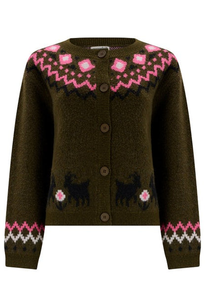 Sugarhill Brighton Olana Cardigan Olive Goat Meadow Fairisle. Womens Soft knitted fabric cardigan with Round neckline, button down front and Fairisle yoke and goat motif detail. With Ribbed cuffs and hem and Relaxed, classic silhouette. Machine washable (delicate) Material: 48% Polyester, 33% Acrylic, 14% Nylon, 3% Elastane & 2% Wool 