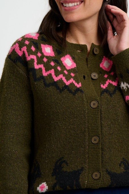 Sugarhill Brighton Olana Cardigan Olive Goat Meadow Fairisle. Womens Soft knitted fabric cardigan with Round neckline, button down front and Fairisle yoke and goat motif detail. With Ribbed cuffs and hem and Relaxed, classic silhouette. Machine washable (delicate) Material: 48% Polyester, 33% Acrylic, 14% Nylon, 3% Elastane & 2% Wool 